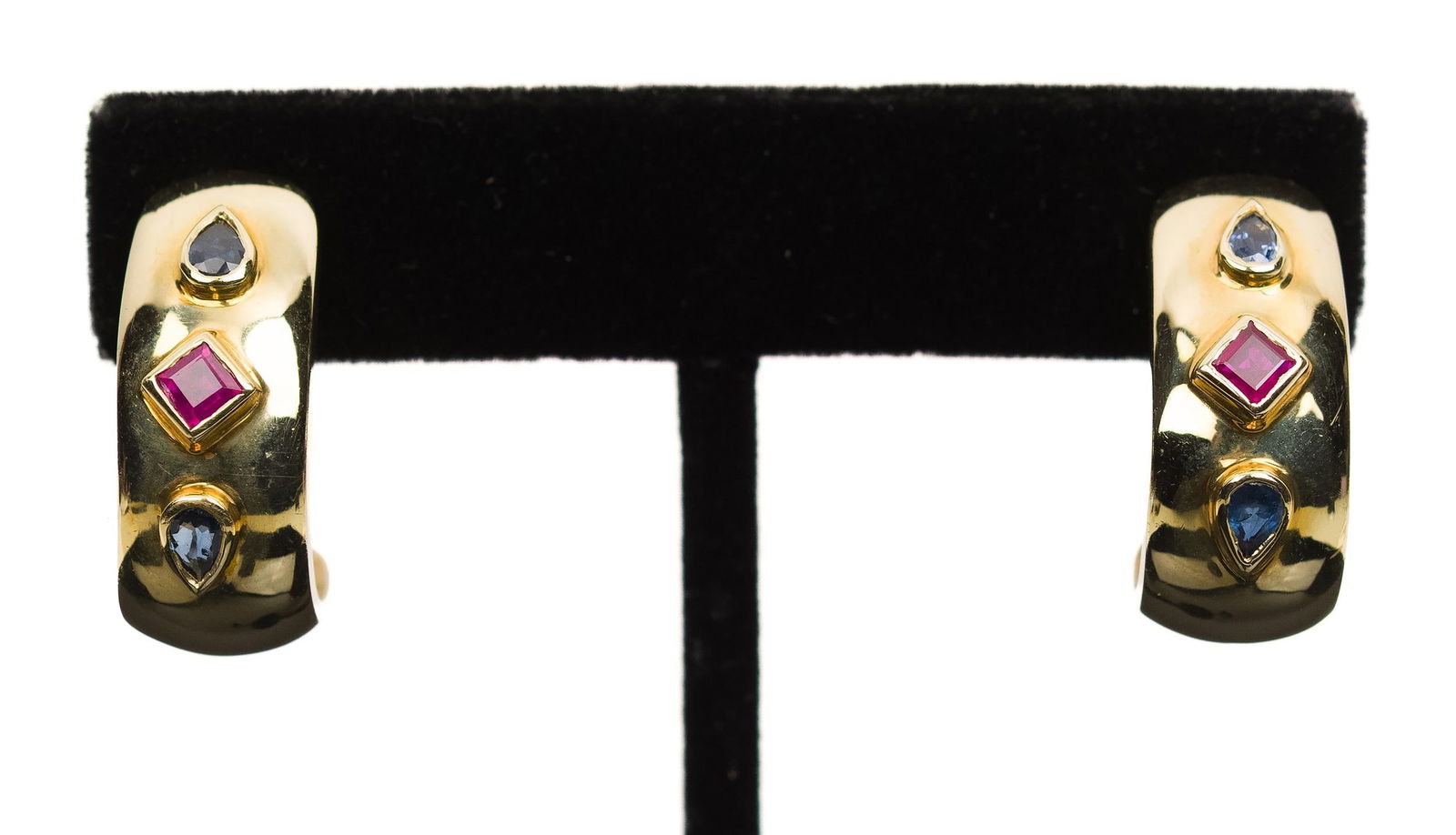 14K GOLD RUBY & SAPPHIRE HALF-HOOP POST EARRINGS. - 5