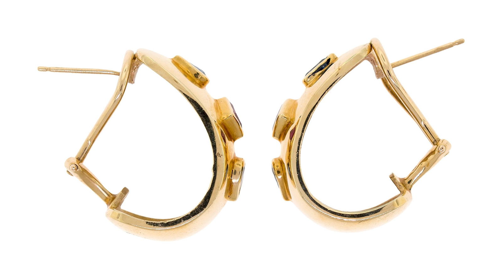 14K GOLD RUBY & SAPPHIRE HALF-HOOP POST EARRINGS. - 7