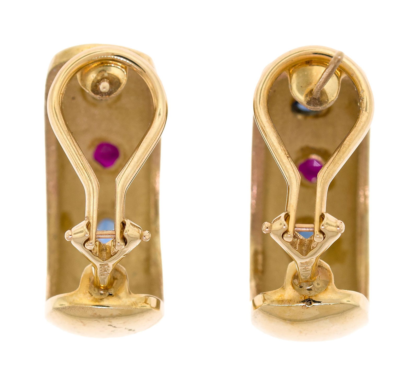 14K GOLD RUBY & SAPPHIRE HALF-HOOP POST EARRINGS. - 8