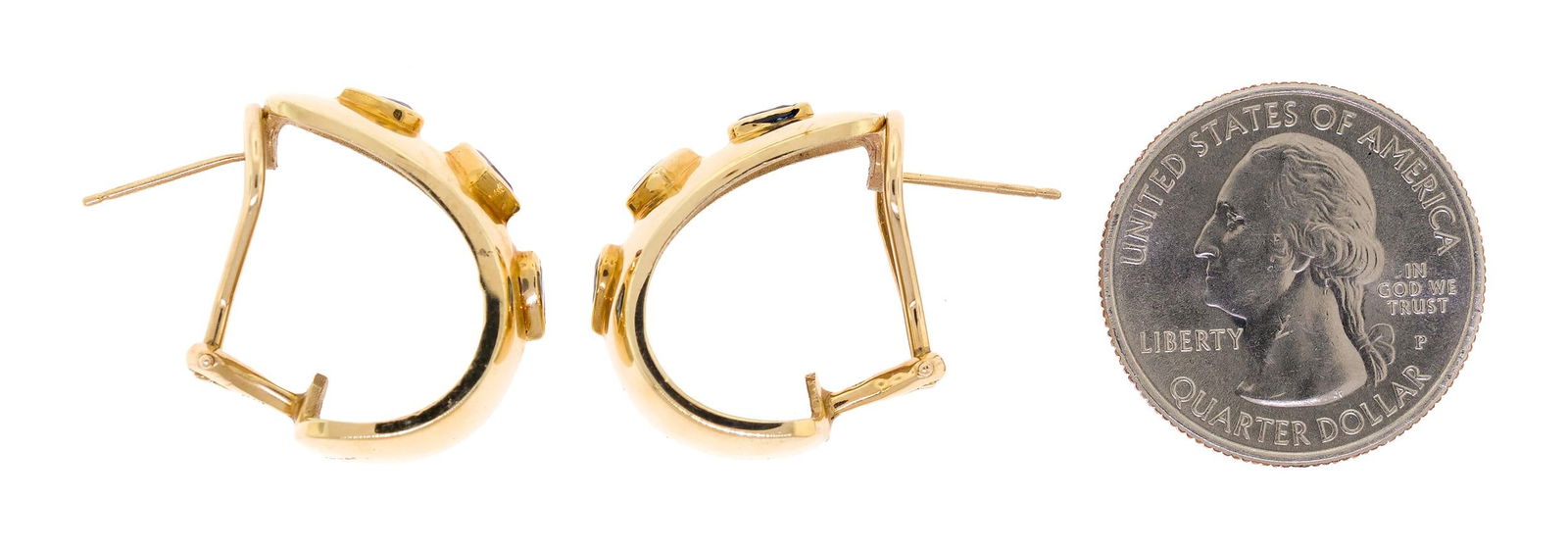 14K GOLD RUBY & SAPPHIRE HALF-HOOP POST EARRINGS. - 9