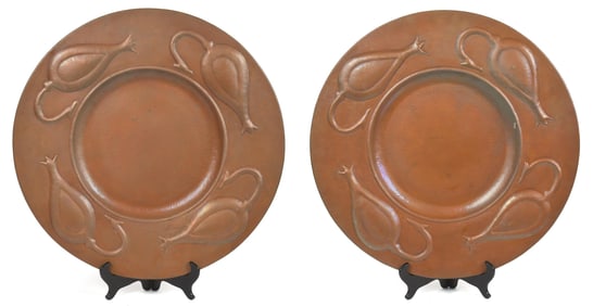 TWO LARGE E.L.G. VINTAGE HAMMERED COPPER CHARGER.