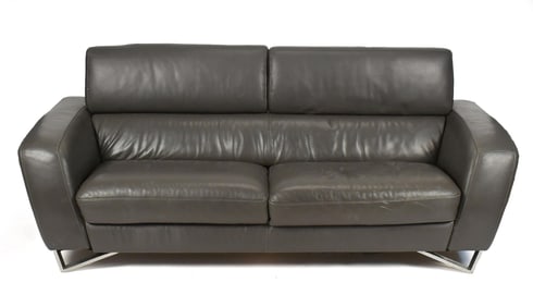 VINTAGE DESIGNER GREY LEATHER SOFA.