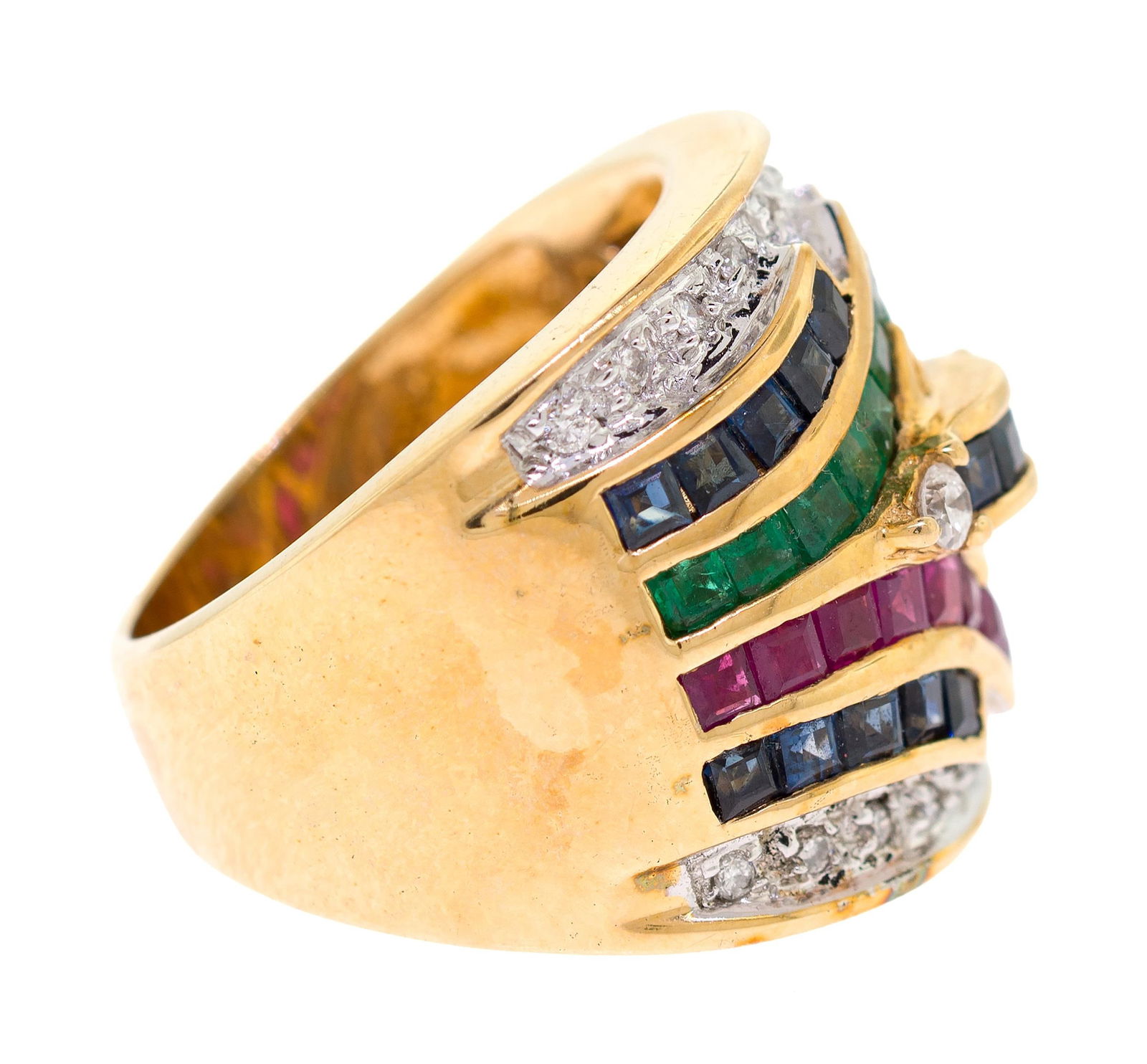 14K GOLD EMERALD, RUBY, SAPPH. & DIAMOND RING. - 10