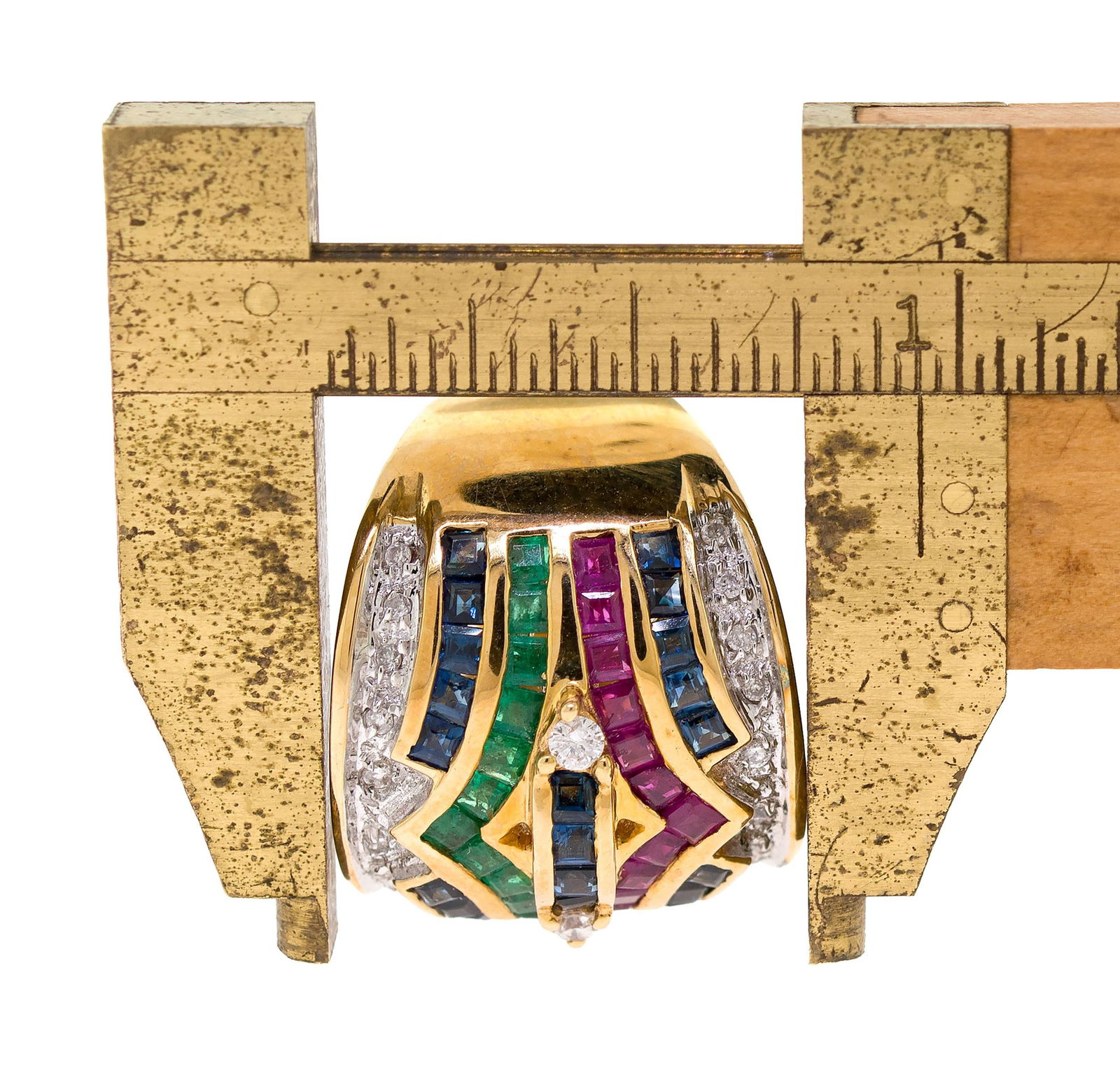 14K GOLD EMERALD, RUBY, SAPPH. & DIAMOND RING. - 11