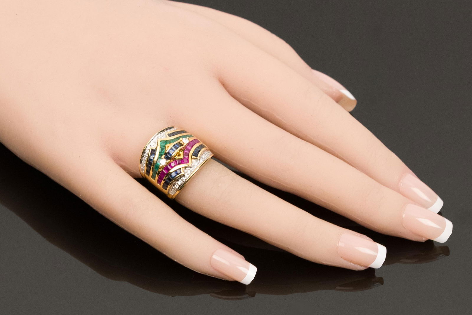 14K GOLD EMERALD, RUBY, SAPPH. & DIAMOND RING. - 12