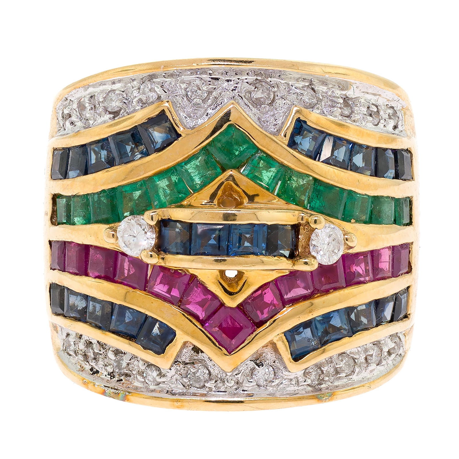 14K GOLD EMERALD, RUBY, SAPPH. & DIAMOND RING.: A 14k yellow gold (stamped), signed, SBT, Behzad Sarhady, wide ring set with approx. 2.5 ct. tw. square step cut, medium dark, emeralds, rubies and sapphires and round brilliant cut, natural diamonds