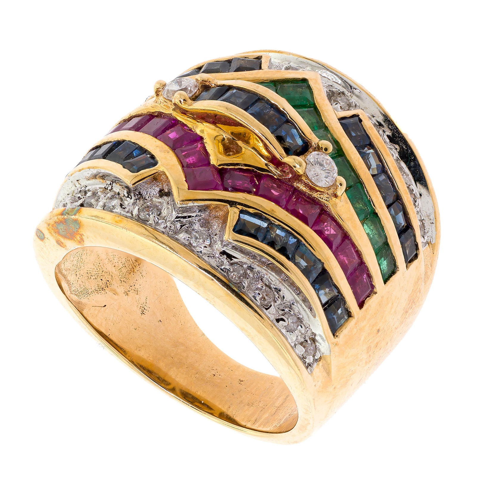14K GOLD EMERALD, RUBY, SAPPH. & DIAMOND RING. - 2