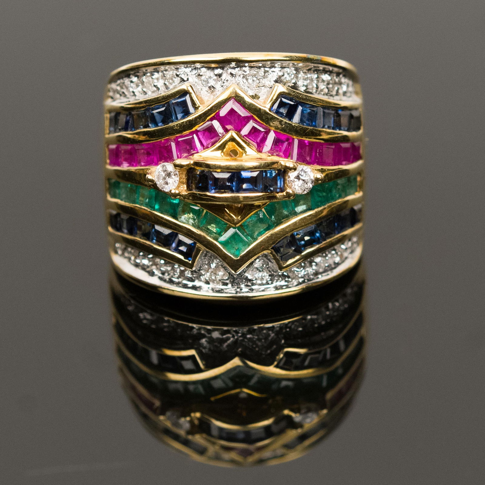 14K GOLD EMERALD, RUBY, SAPPH. & DIAMOND RING. - 3