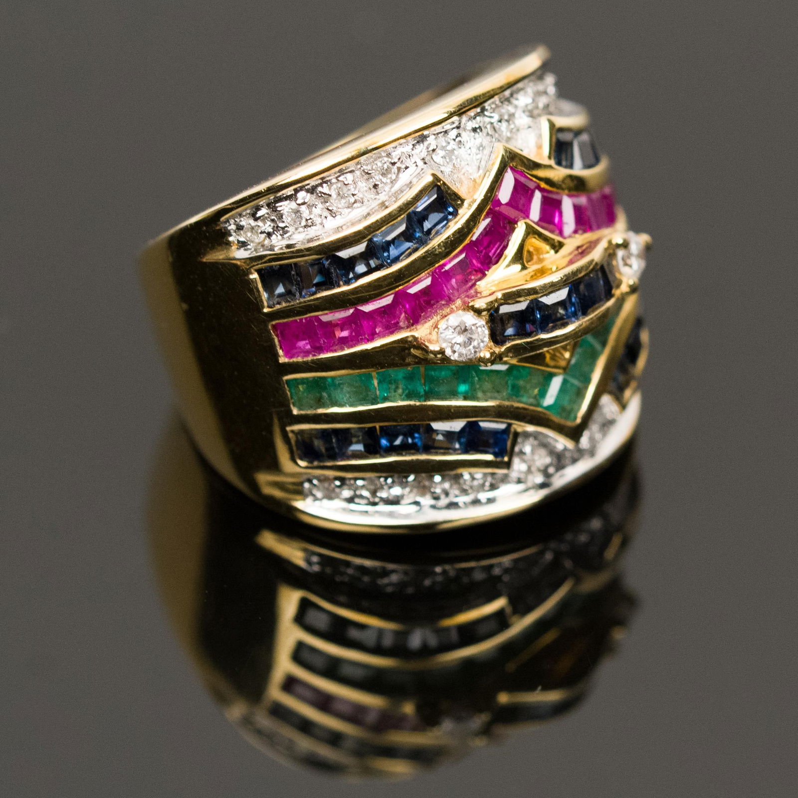 14K GOLD EMERALD, RUBY, SAPPH. & DIAMOND RING. - 4