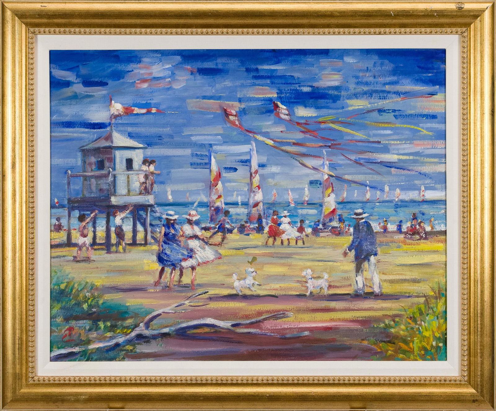 PHILIP CORLEY OIL, THE BEACH.: A Philip A. Corley (b. 1944) oil on canvas, colorful beach scene depicting figures, with extensive inscription on reverse with artist history and title ‘The Beach’.Canvas 22” x