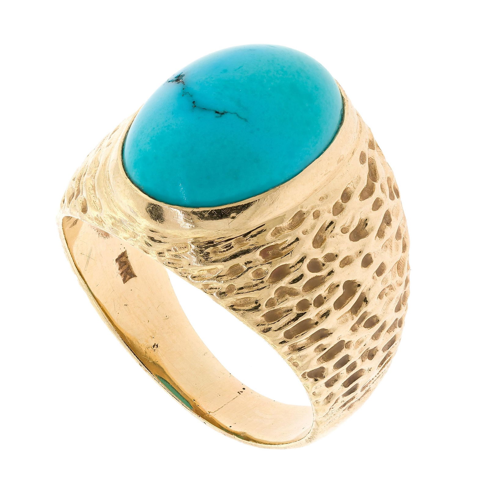 14K GOLD TURQUOISE CABOCHON RING.: A 14k yellow gold (stamped) ring set with a turquoise cabochon, 17 x 12 x 7mm deep. Ring size 12 1/2, 20mm wide, 12.8 grams.