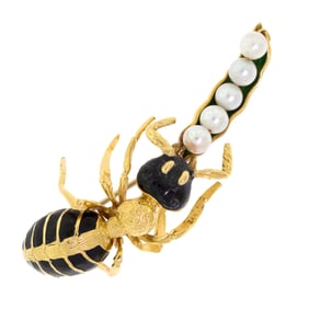 18K GOLD ENAMEL ANT & PEARL PEA POD PIN.