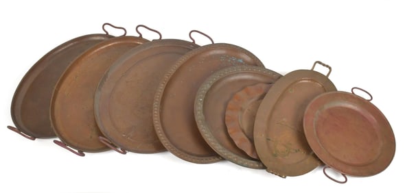 EIGHT VINTAGE COPPER TRAYS, SOME SIGNED.