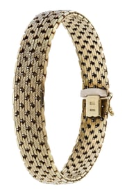 14K GOLD FLAT BRICK LINK BRACELET.