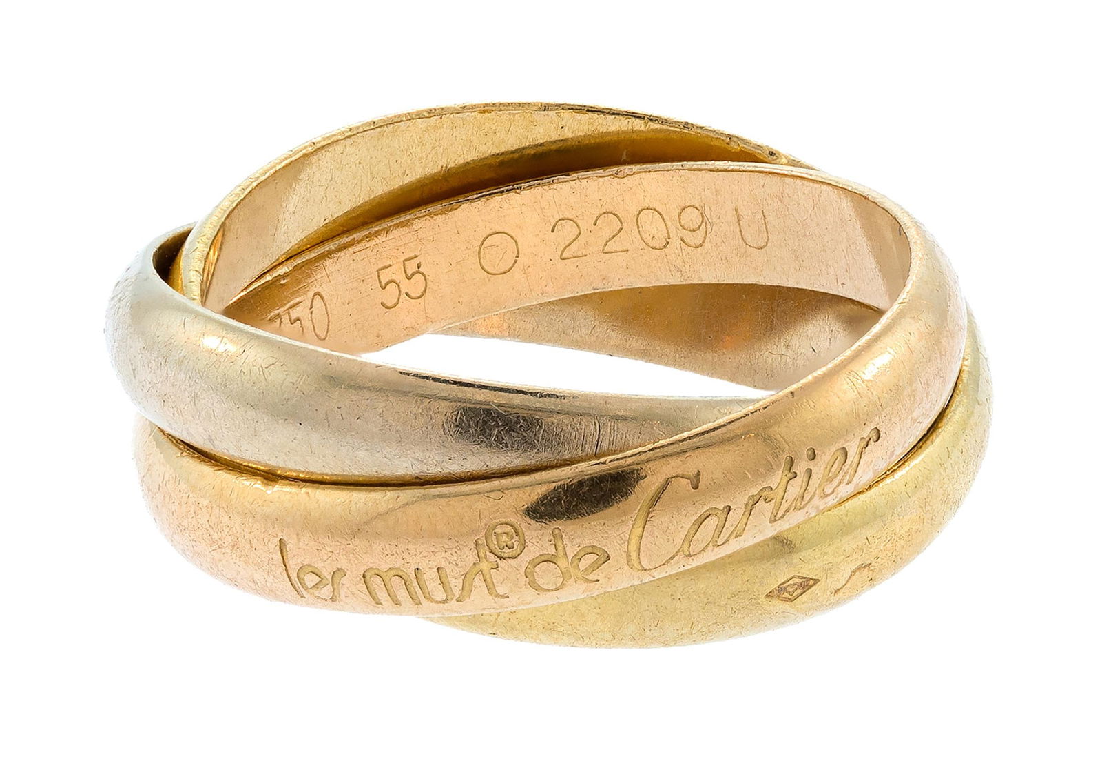 CARTIER 18K TRI-GOLD TRINITY ROLLING BAND, SZ. 7.25.: A Cartier, 18k tri-gold (stamped) trinity, rolling band, marked 55, engraved outside shank, les must de Cartier, includes Cartier ring box and packer. Ring size 7 1/4, 3mm (each band), 8.6 grams.