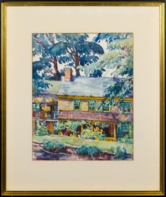 FRANCES LICHTEN WATERCOLOR, COTTAGE WITH SUNFLOWERS.