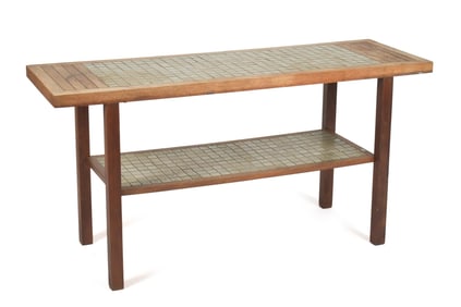 JANE & GORDON MARTZ TEAK AND TILE CONSOLE TABLE.