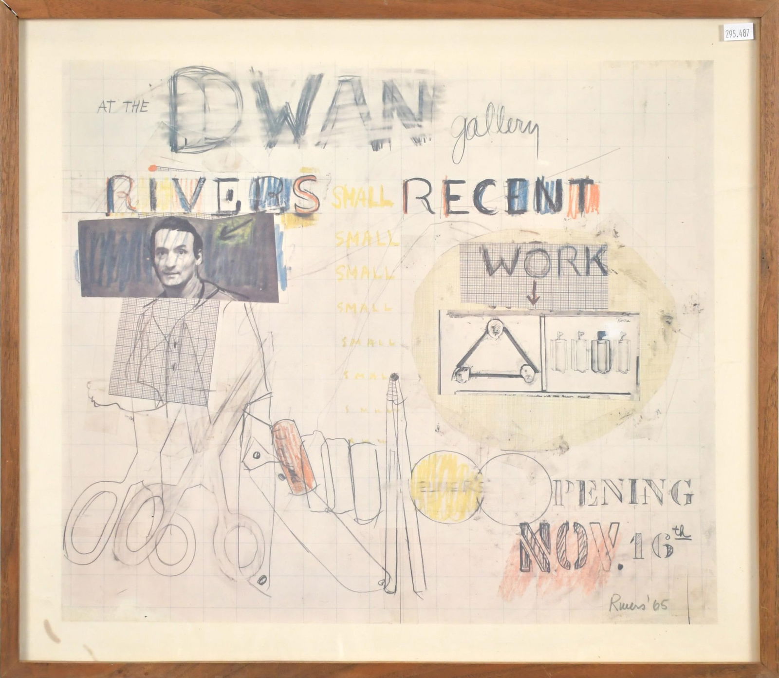 1965 LARRY RIVERS ABSTRACT LITHOGRAPH.: A Larry Rivers (1923-2002) offset lithograph, ‘At the Dwan Gallery: Rivers Small Recent Work’, ca. 1960.Image 15.5” x 17”, Overall in frame 18” x 21”.