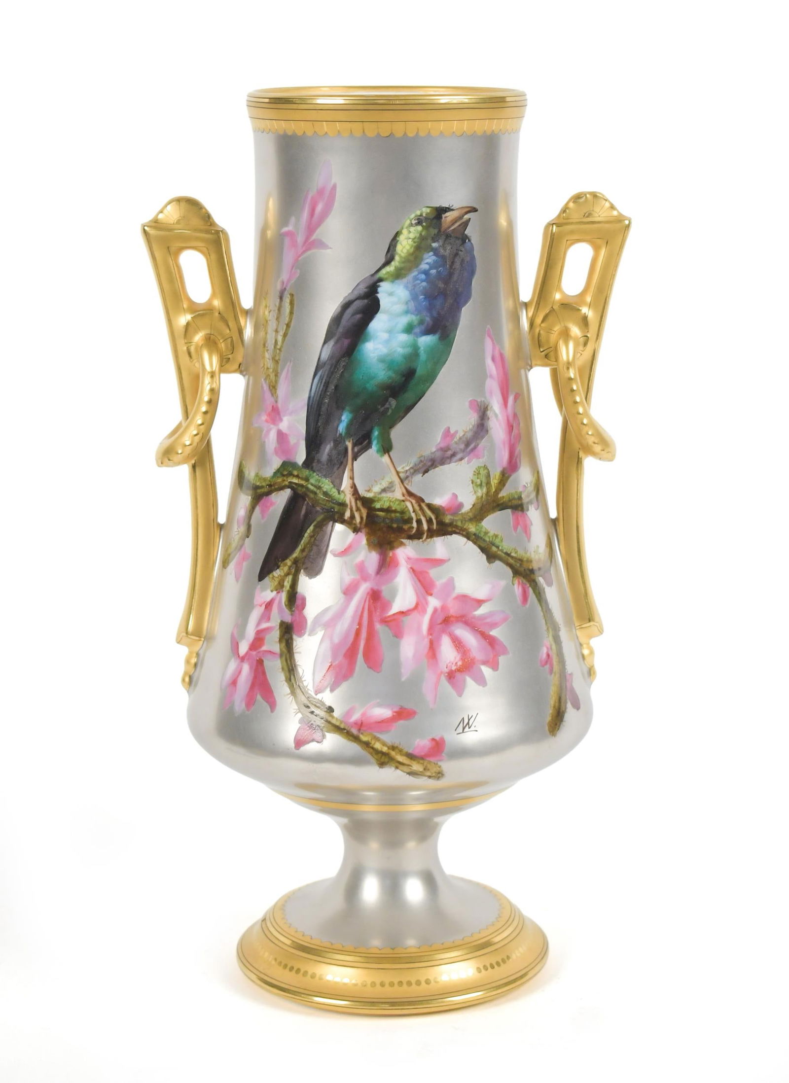 NARCISSE VIVIAN PLATINUM GROUND PORCELAIN VASE.: An antique porcelain vase with platinum ground, gilt handles and foot, with fine hand painting initialed NV, for Narcisse Vivian. 11.75”H.