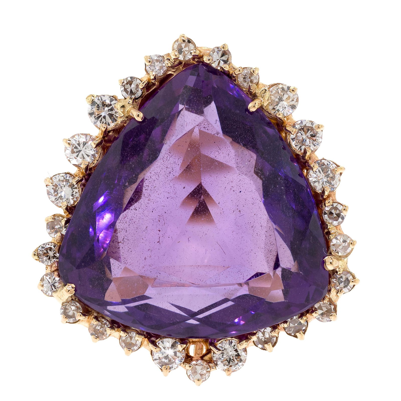 14K GOLD AMETHYST & DIAMOND COCKTAIL RING.: A 14k yellow gold (stamped) cocktail ring, set with an approx. 20 ct., faceted triangle shaped, medium dark purple amethyst and approx. .86 ct. tw. round brilliant and single cut round, natural