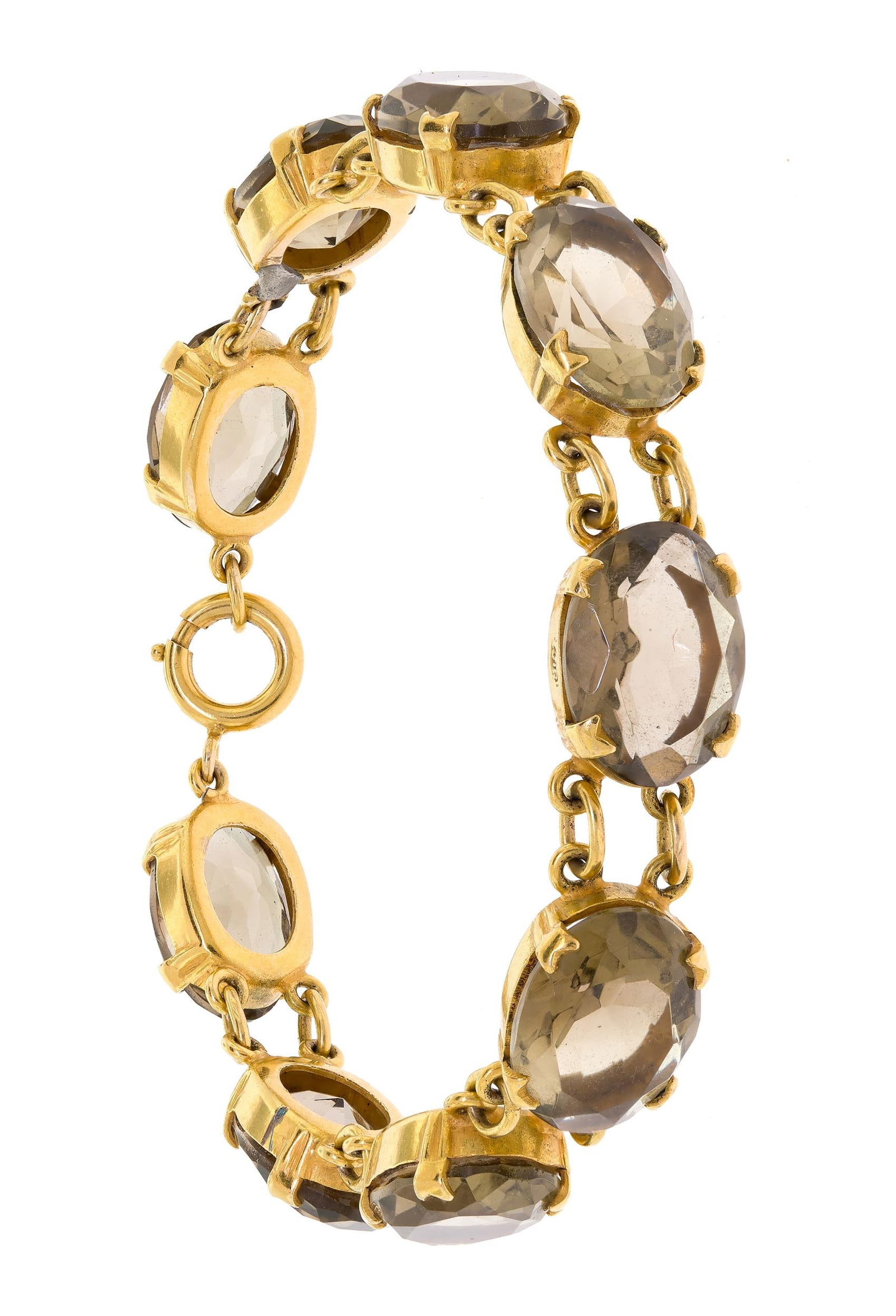 ENGLISH 9CT GOLD SMOKY QUARTZ BRACELET.: An English, 9kt yellow gold (stamped, 9ct) bracelet set with approx. 40 ct. tw., faceted oval, smoky quartz (golden tones), 10mm wide, 7 1/4 inches long, 21.1 grams.