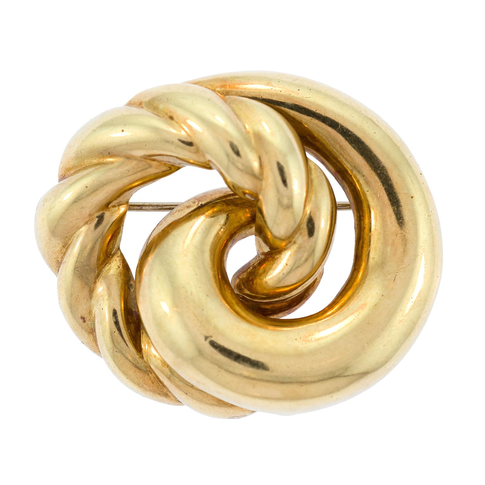 18K YELLOW GOLD SWIRL PIN.: An 18k yellow gold (stamped), Italy, swirl pin, 1 1/2 inch diam., 19.4 grams.