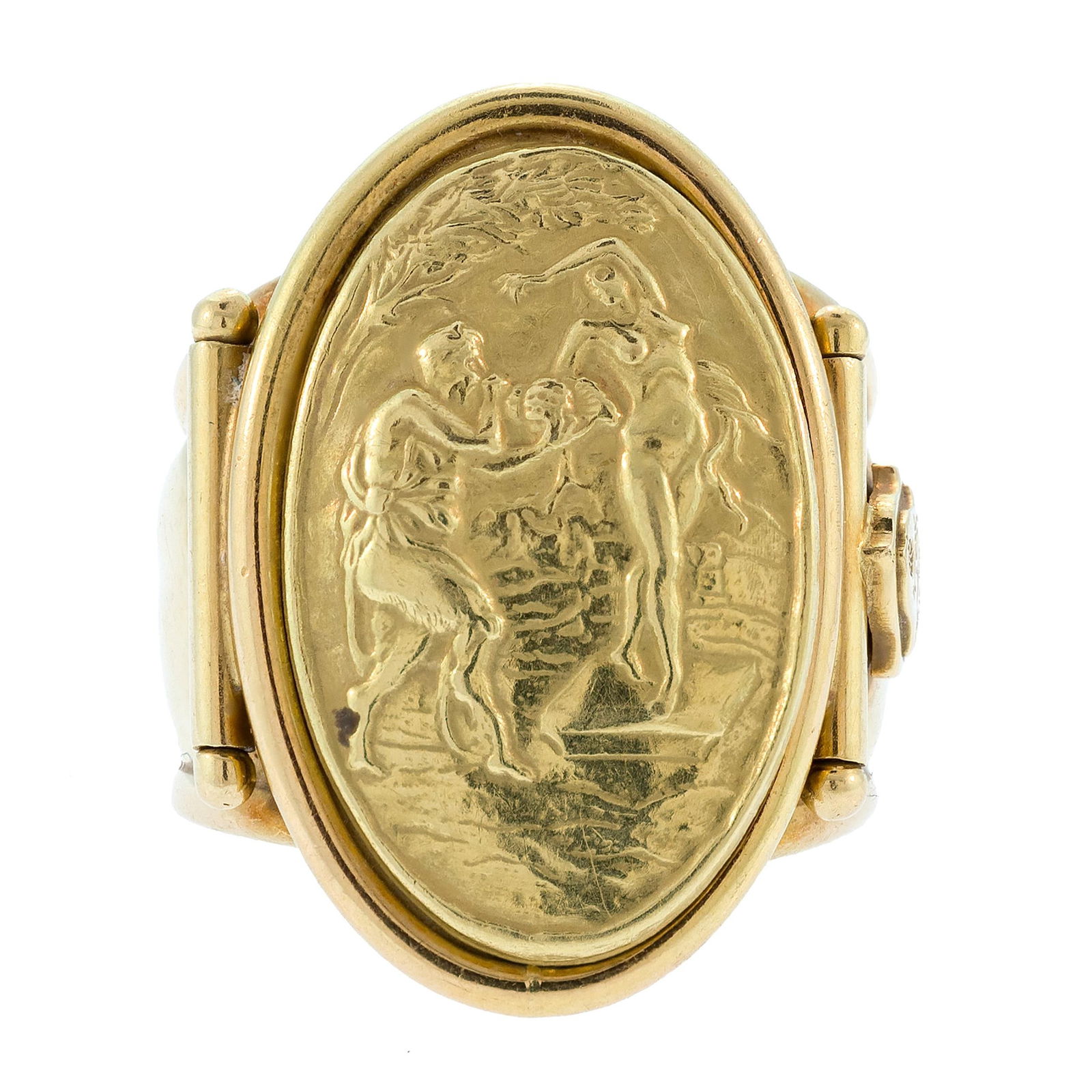 18K YELLOW GOLD ROMAN STYLE RING.: An 18k yellow gold (stamped) Roman style ring, signed, unknown maker. Ring size 6 1/2 (adjustable), 26mm top, 10 grams.