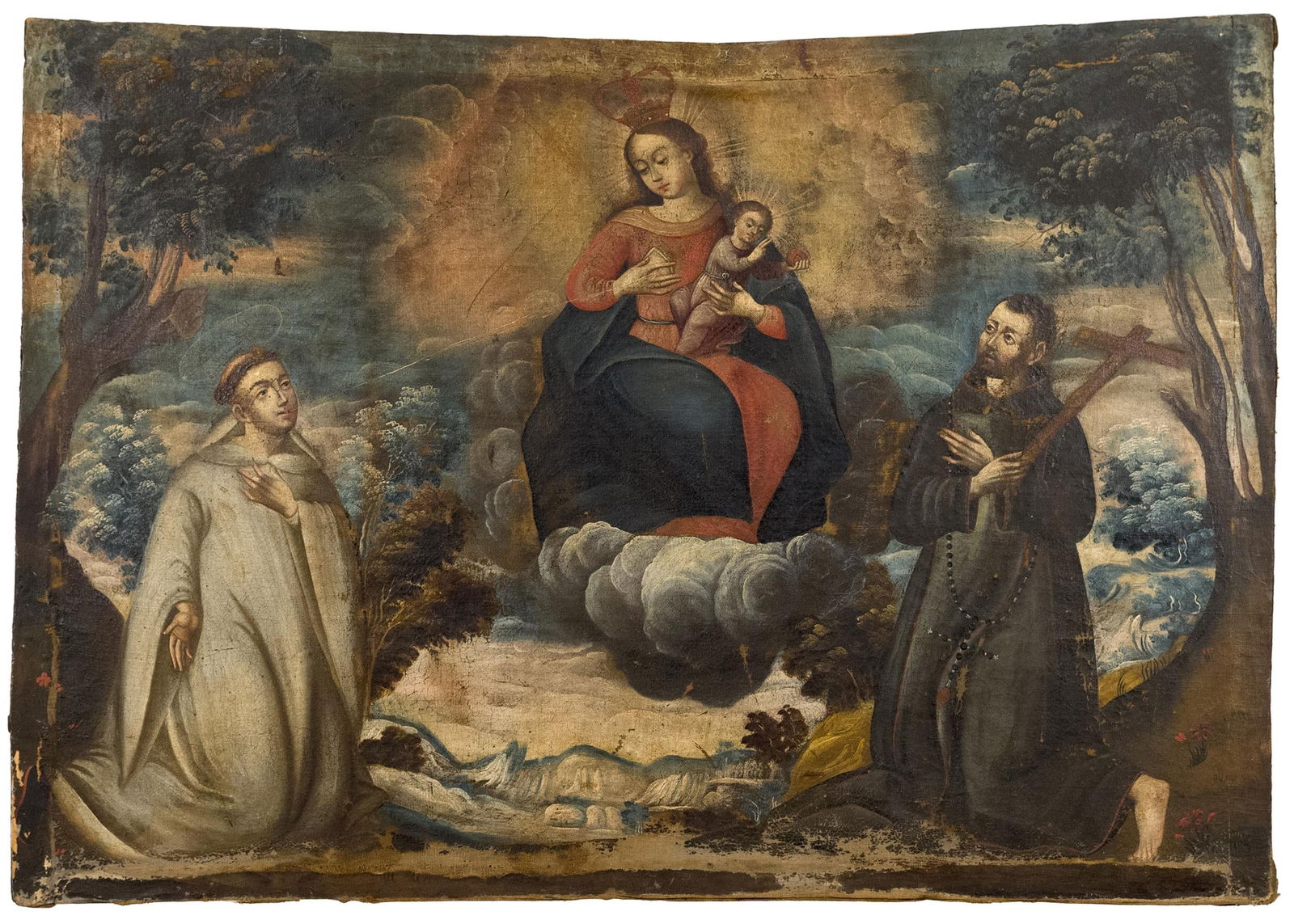 18TH C. CUZCO SCHOOL OIL, LACTATION OF ST. BERNARD.: A late 17th/early 18th C. religious oil on canvas, likely Cuzco school, depicting a crowned Madonna with child while nourishing a kneeling Saint Bernard of Clairvaux with breastmilk, joined by other k