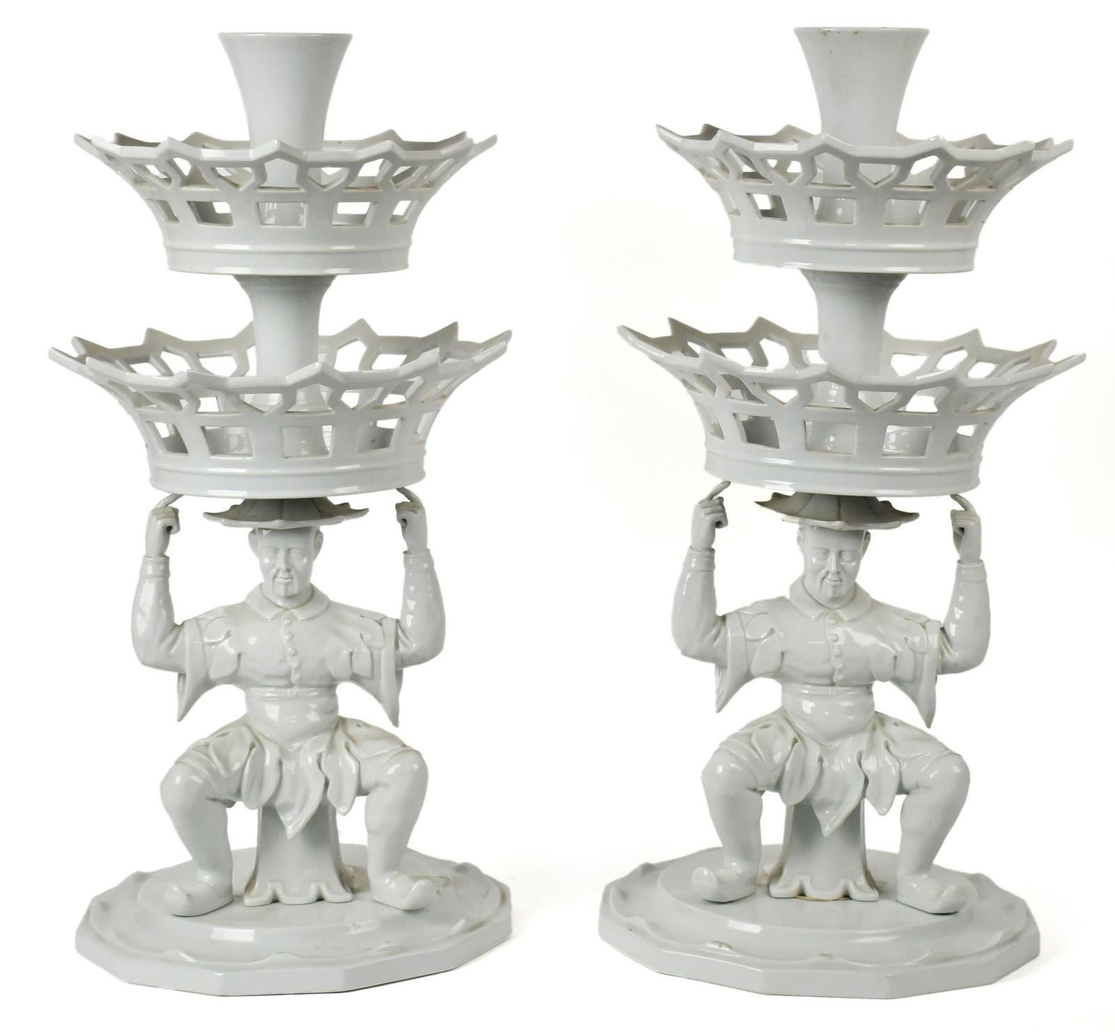 PR. VISTA ALAGRE MOTTAHEDEH EPERGNES: A pair of good Mottahedeh figural Chinese blanc de chine porcelain epergnes, by Vista Alagre.25”H x 12” dia. at base.