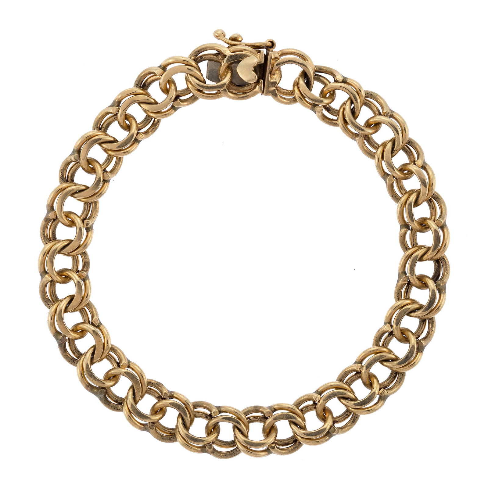 14K GOLD CHINO LINK BRACELET.: A vintage, 14k yellow gold (stamped) chino link bracelet, 9mm wide, 7 1/2 inches long, 25.3 grams.