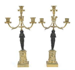 PR. FRENCH EGYPTIAN REVIVAL BRONZE CANDELABRAS.