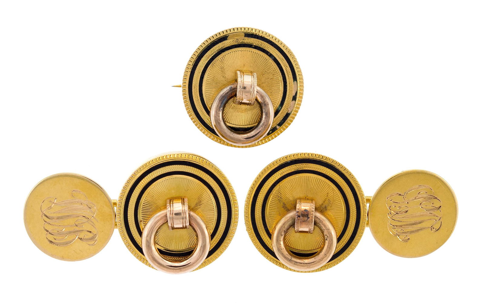 ANTIQUE 14K & 18K GOLD ENAMEL CUFFLINKS & PIN. (1 of 4)