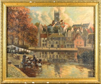 GEORGES PLASSE OIL ON CANVAS, RIVERSIDE VILLAGE.