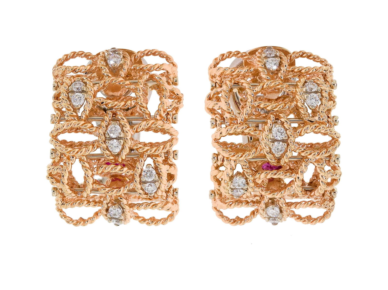 ROBERTO COIN 18K GOLD DIAMOND EARRINGS.: A pair of 18k yellow gold (stamped) Roberto Coin signed earrings, with 18k white gold (stamped) posts and Omega clip closures, set with approx. .30 ct. tw. round brilliant cut, natural diamonds of F-G