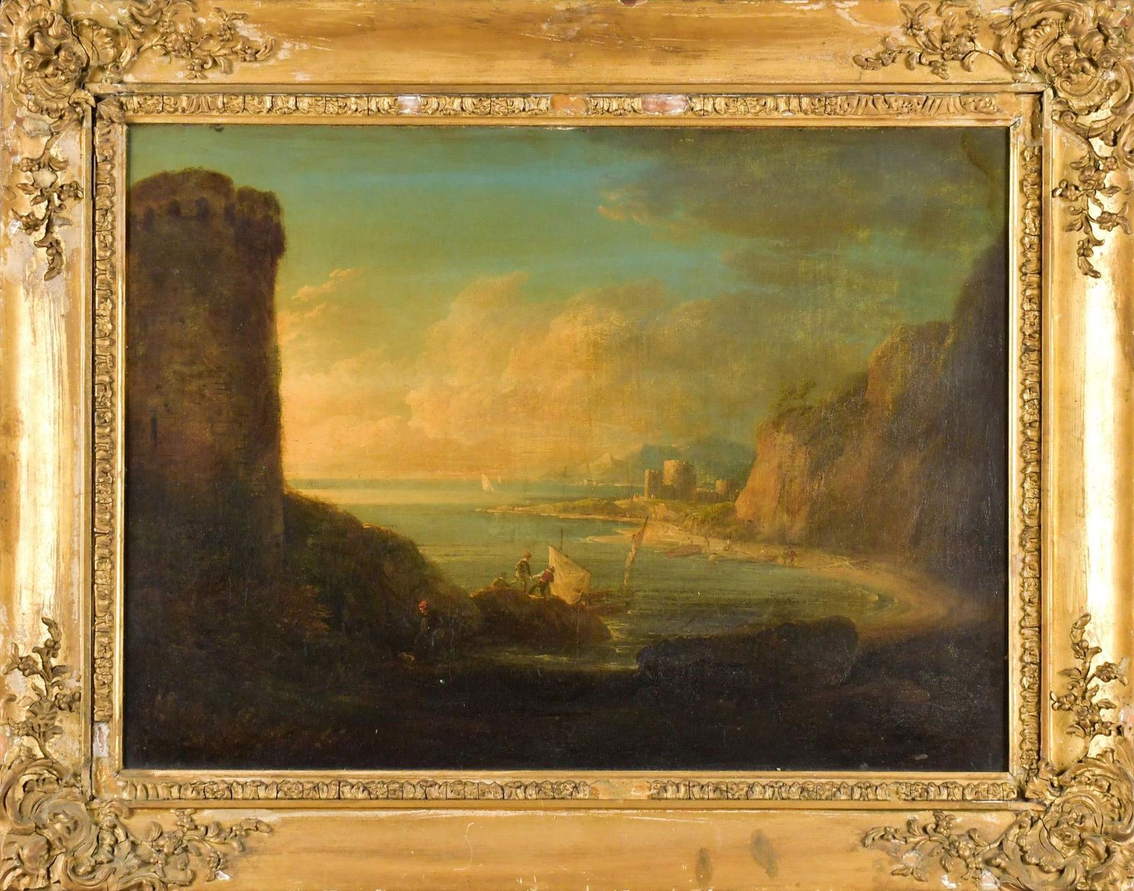 19TH C. EUROPEAN OIL, COASTAL LANDSCAPE.: A 19th C. oil on canvas, European coastal landscape with mountains, houses, and figures in boats. Unsigned. Frame 25.5” x 32”.
