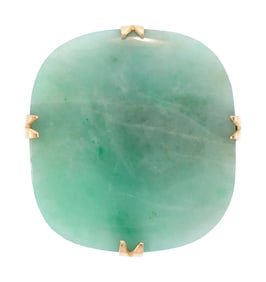 14K GOLD MOTTLED LIGHT GREEN JADE PIN.
