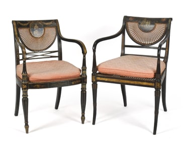 TWO GOOD 19TH C. ENGLISH REGENCY ARM CHAIRS.