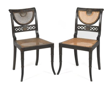 FINE PAIR OF 19TH C. ENGLISH REGENCY PAINTED CHAIRS.