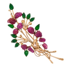 VINTAGE SIGNED ROYAL 14K GOLD CARVED RUBY & JADE PIN.
