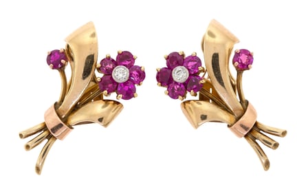 RETRO 14K GOLD RUBY & DIAMOND FLOWER CLIP EARRINGS.