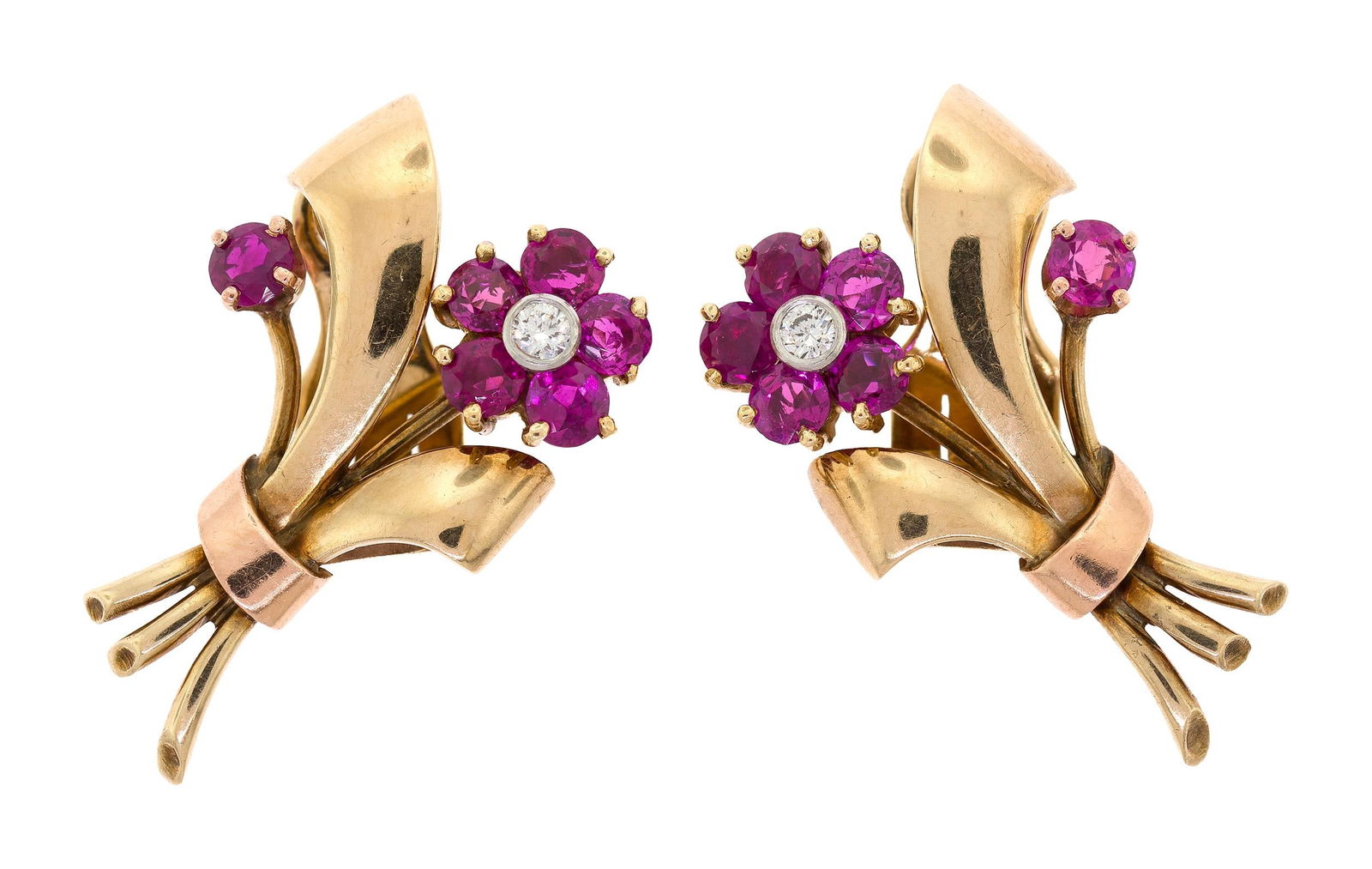 RETRO 14K GOLD RUBY & DIAMOND FLOWER CLIP EARRINGS. (1 of 6)