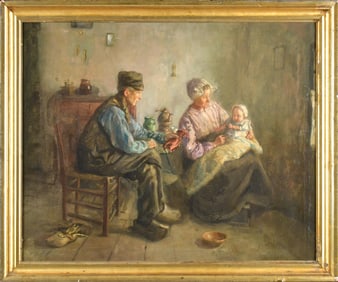19TH C. DUTCH OIL, INTERIOR SCENE WITH FAMILY.
