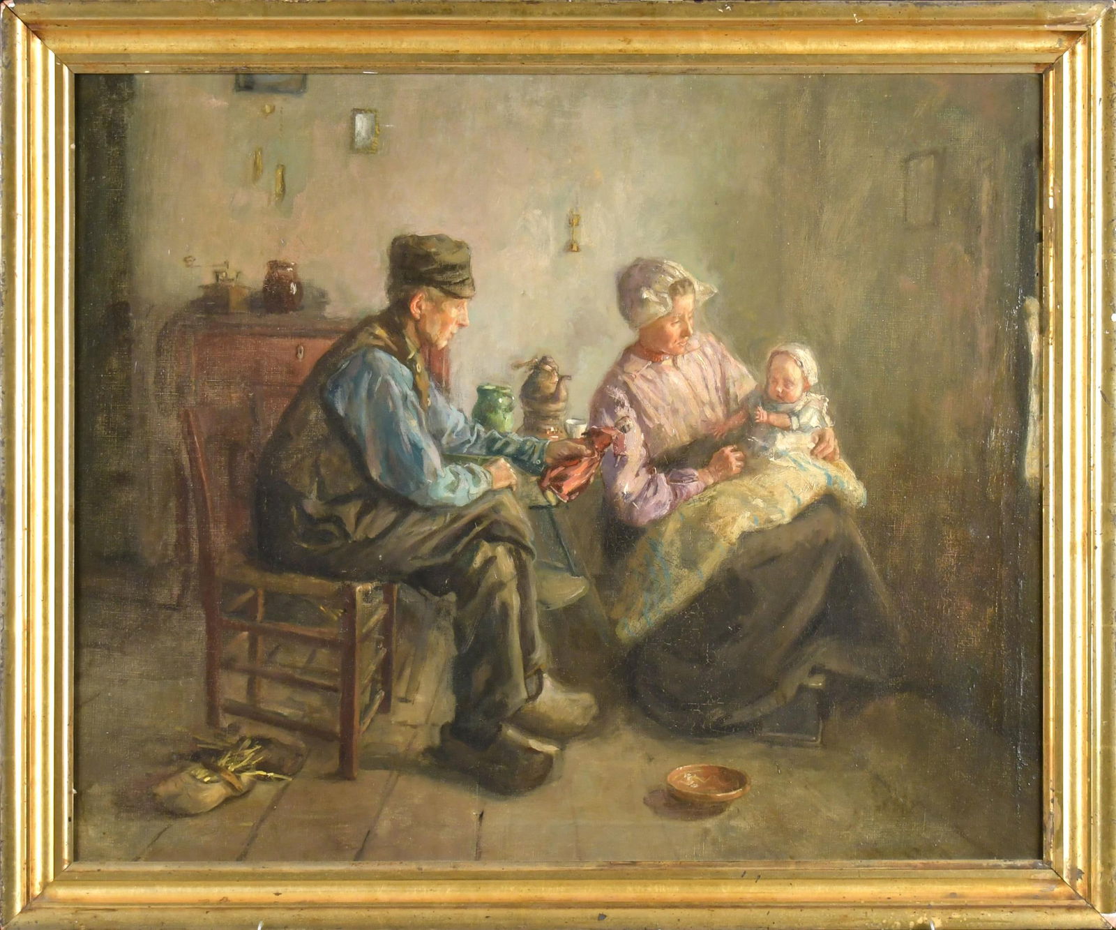 19TH C. DUTCH OIL, INTERIOR SCENE WITH FAMILY. (1 of 8)