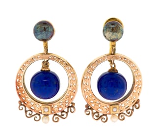 14K GOLD & GOLD FILLED LAPIS & PEARL EARRINGS.