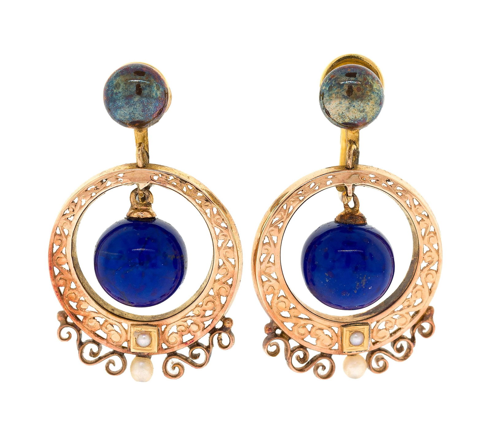 14K GOLD & GOLD FILLED LAPIS & PEARL EARRINGS.: A pair of 14k yellow gold (tested) filigree lapis (9mm) and pearl dangle earrings with gold filled (stamped) screwbacks, 3/4 inch diam., 5.7 grams gross weight.