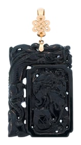 CARVED CHINESE JADE PENDANT W/ 14K GOLD KNOT BAIL.