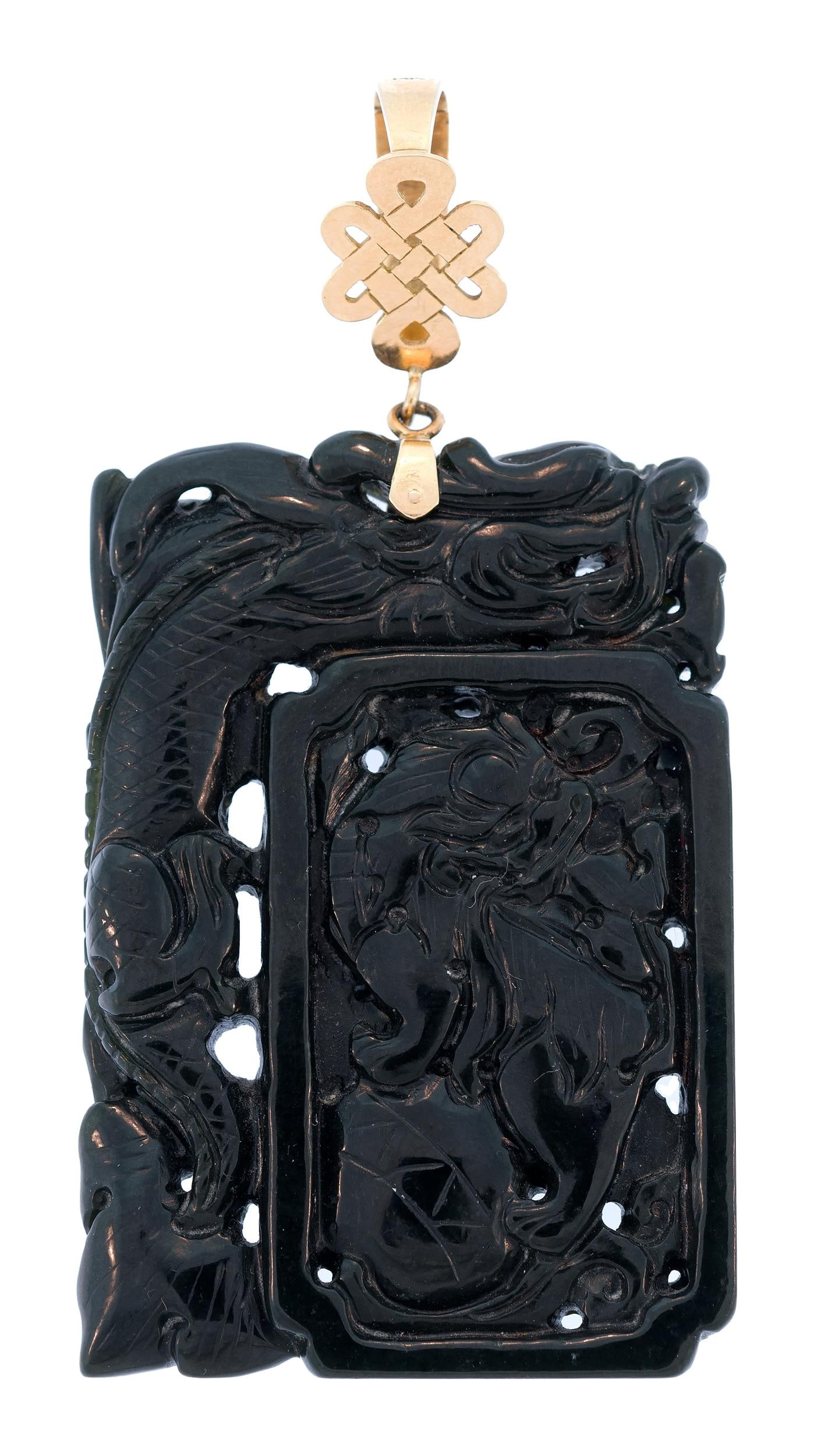 CARVED CHINESE JADE PENDANT W/ 14K GOLD KNOT BAIL.: A Chinese carved, very dark green jade pendant, depicting a dragon, koi fish and rose with a 14k yellow gold (stamped), mystic knot (symbolizes: unending good fortune & everlasting love), open and clo