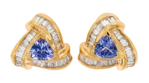 18K GOLD TRILLION TANZANITE & DIAMOND EARRINGS.