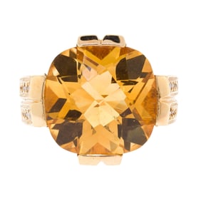 14K GOLD CHECKERBOARD TOP CITRINE & DIAMOND RING.