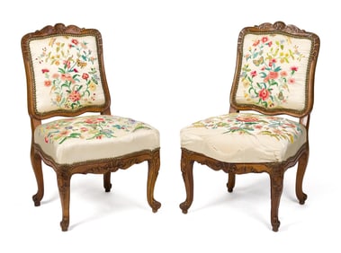 PR. ANTIQUE FRENCH CARVED WALNUT CHAIRS.